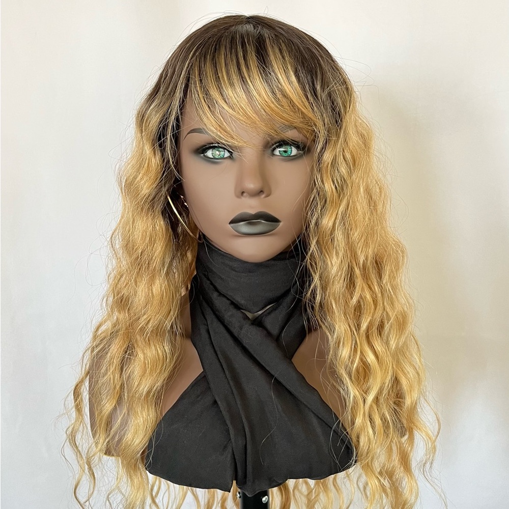 “Put On & Go” Ombre Golden Blonde Premium Fiber Wig with Bangs